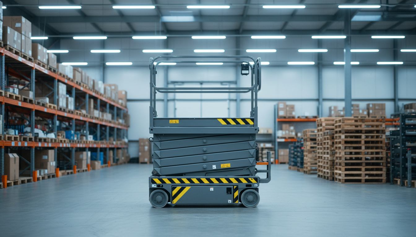 A compact, high-performance scissor lift with matte gray and bright yellow safety striping, platform cleanly retracted and guardrails upright. The lift stands in a spacious, dust-free indoor warehouse surrounded by orderly shelving and stacked wooden pallets in the distance, all color-coordinated in muted industrial hues. Overhead LED lights provide crisp, even illumination, creating minimal shadows while emphasizing the lift's geometric structure and safety features. The mood is efficient and precise, emanating trustworthiness and competence. Captured from a slightly elevated angle with a balanced and symmetrical composition, highlighting the equipment as the centerpiece. The image adopts a minimalist, corporate photographic style, ideal for a professional equipment rental business website.