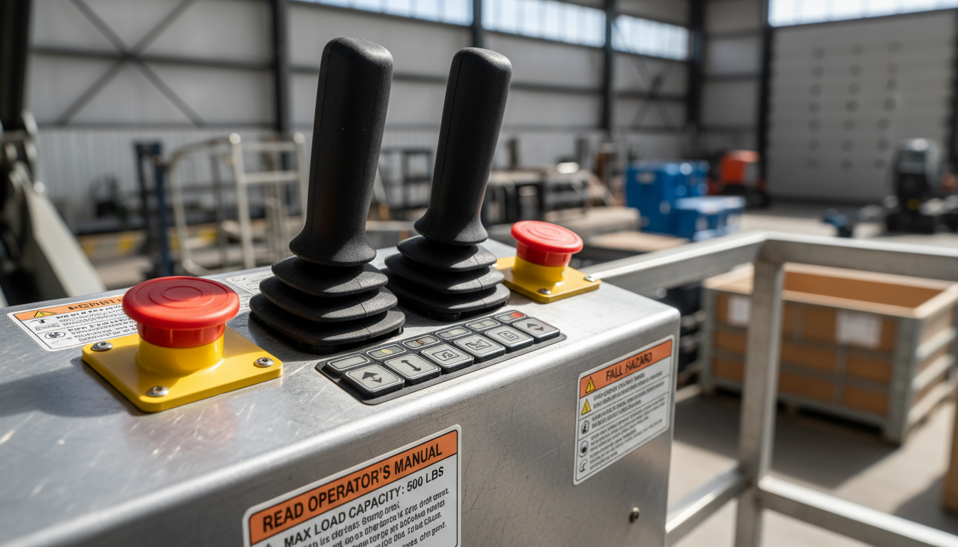A detailed close-up of rugged boom lift controls featuring textured black levers, bright red emergency stop buttons, and a durable, brushed aluminum panel with clear safety decals. The background is softly blurred, hinting at a large, well-organized industrial site with neutral gray and white tones. Focused daylight filters in from high windows, creating gentle highlights on the metal surface and casting crisp, deliberate shadows for depth. The mood is structured and informative, conveying attention to detail and operational reliability. The camera is positioned at a low oblique angle, framing the controls in dominant foreground with shallow depth for intimacy. Photographic realism, clean and modern, designed to emphasize precise control, safety, and professionalism in equipment rental.